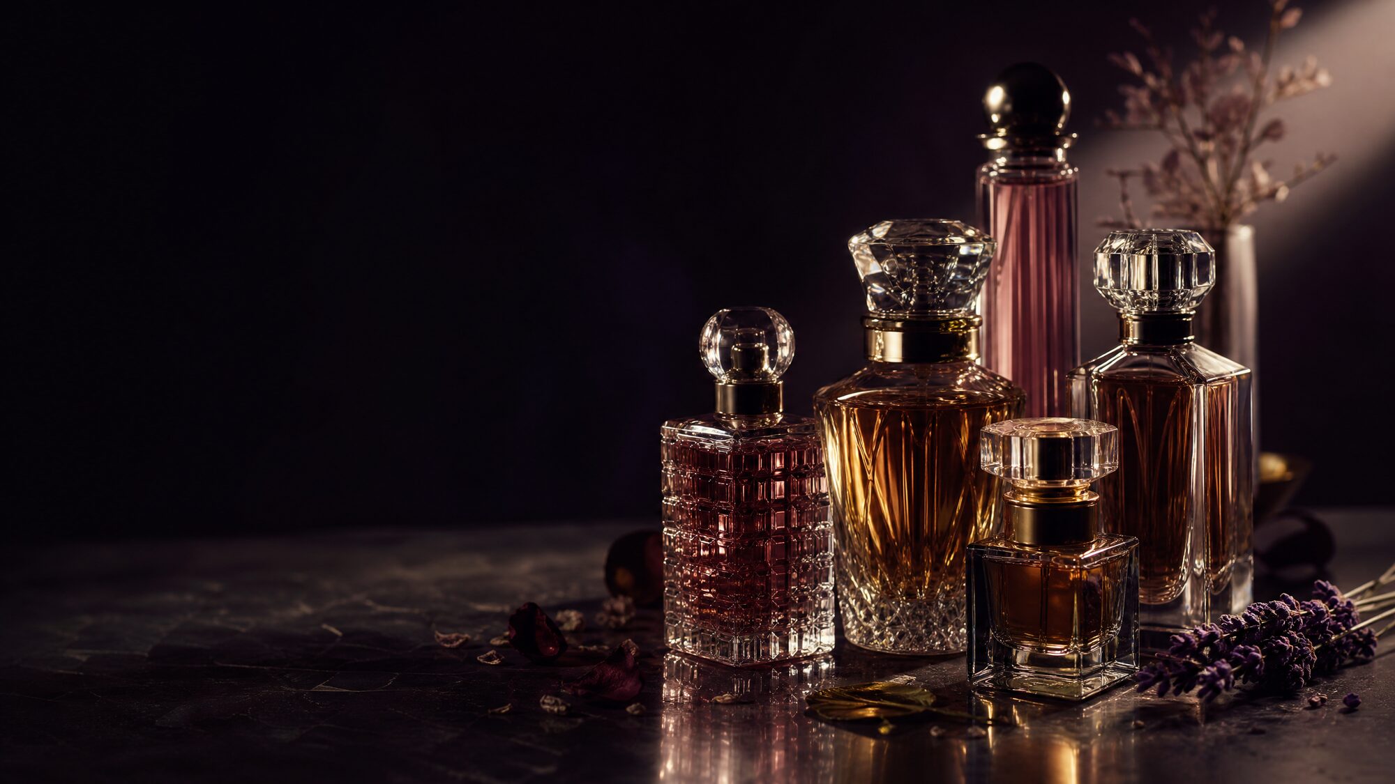 Faceted glass perfume bottles in warm low light on a dark surface
